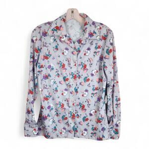 70s VTG Women's Dagger Collar Floral Blouse Med/Large Button Front Gray Artsy